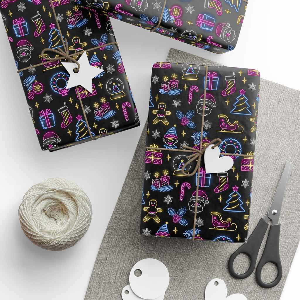 Christmas Neon Icons Wrapping Paper | Holiday Gift Wrapping Paper Roll