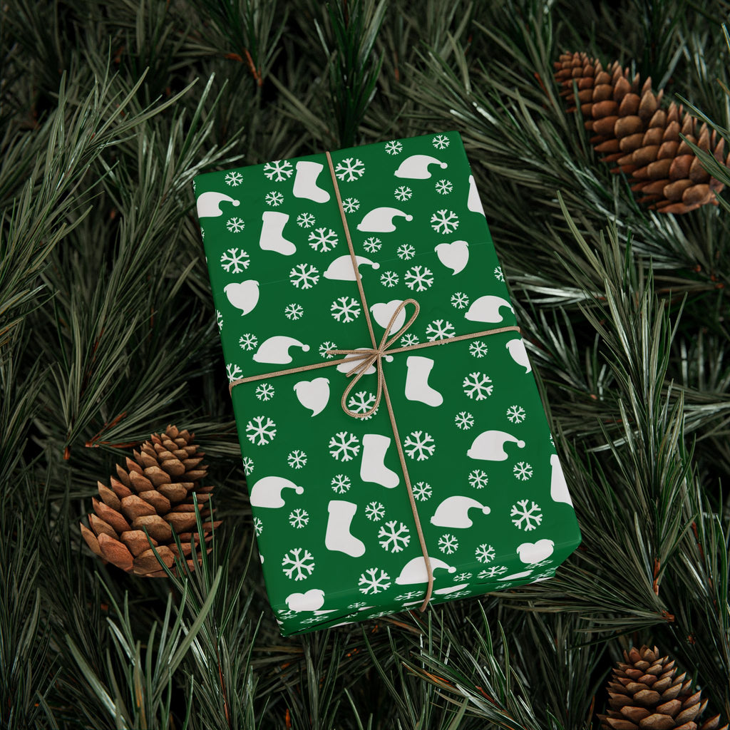 Christmas Stockings on Green Wrapping Paper | Holiday Gift Wrapping Paper Roll