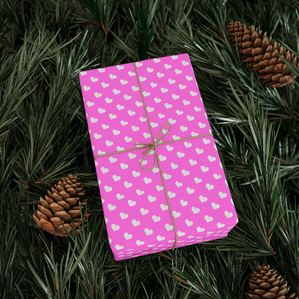 Valentine’s Day White Hearts on Pink Wrapping Paper | Holiday Gift Wrapping Paper Roll