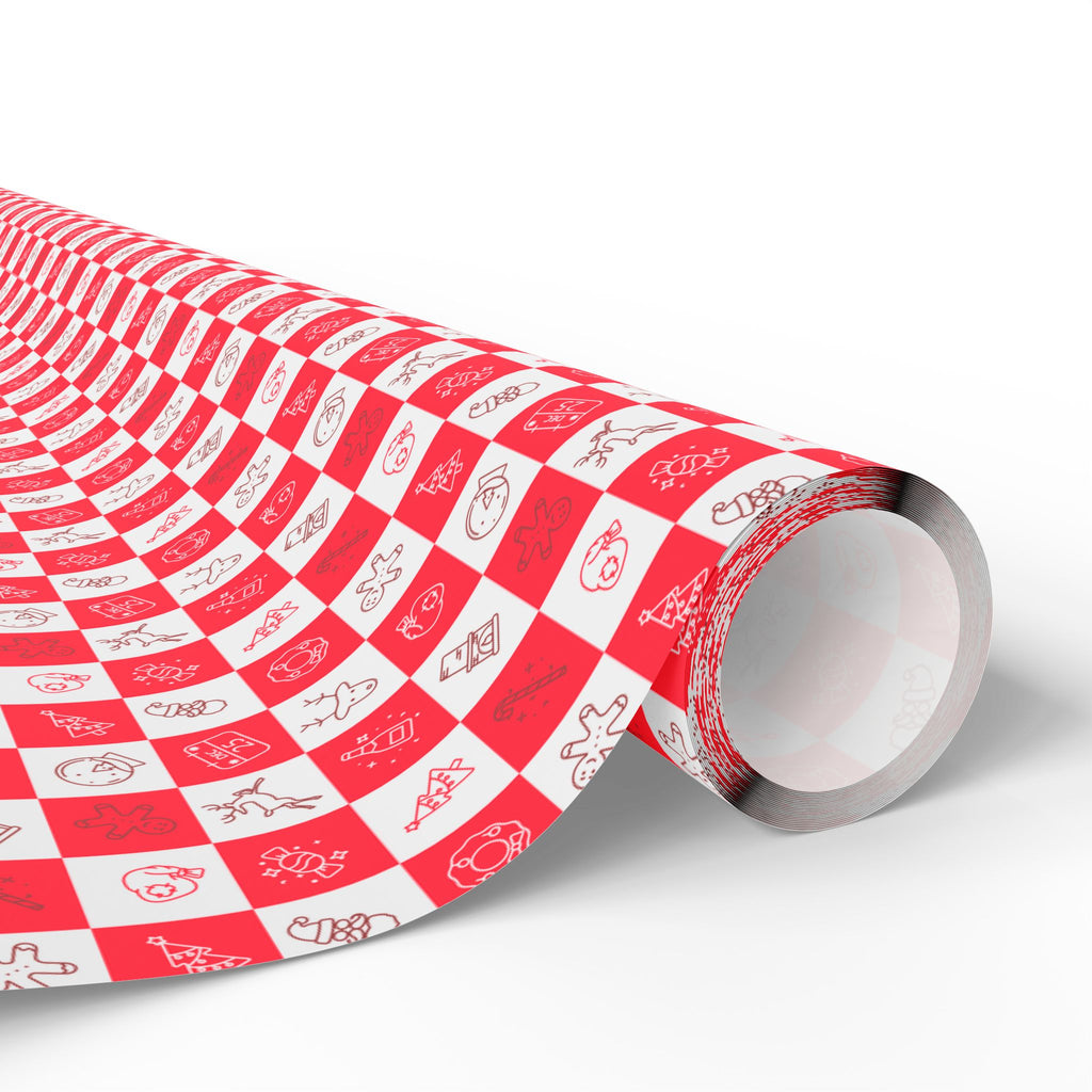 Christmas Red Checkerboard Icons Wrapping Paper | Holiday Gift Wrapping Paper Roll