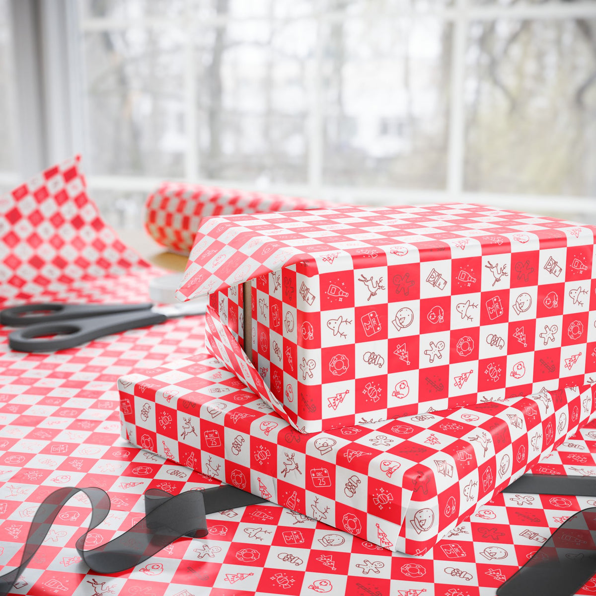 Christmas Red Checkerboard Icons Wrapping Paper | Holiday Gift Wrapping Paper Roll