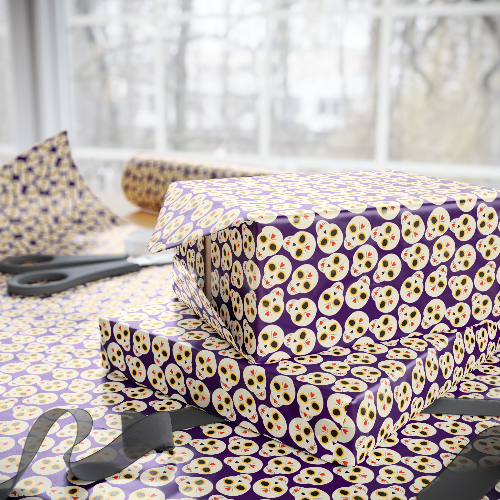 Day of the Dead Patterned Skulls Wrapping Paper | Holiday Gift Wrapping Paper Roll