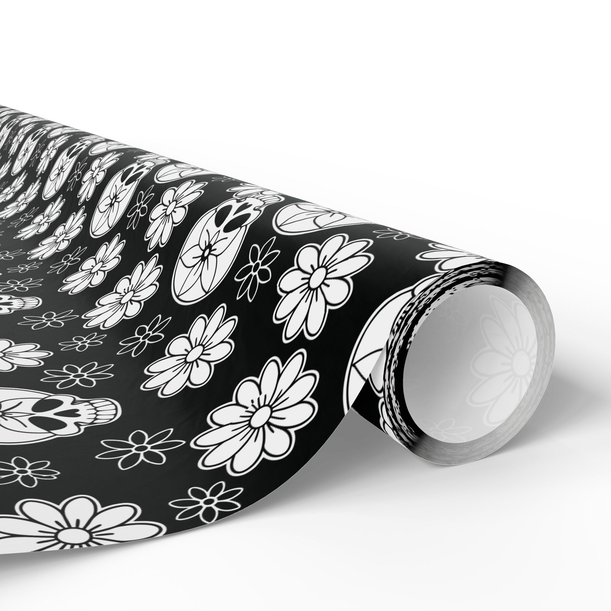 Day of the Dead Black Flower Head Wrapping Paper | Holiday Gift Wrapping Paper Roll