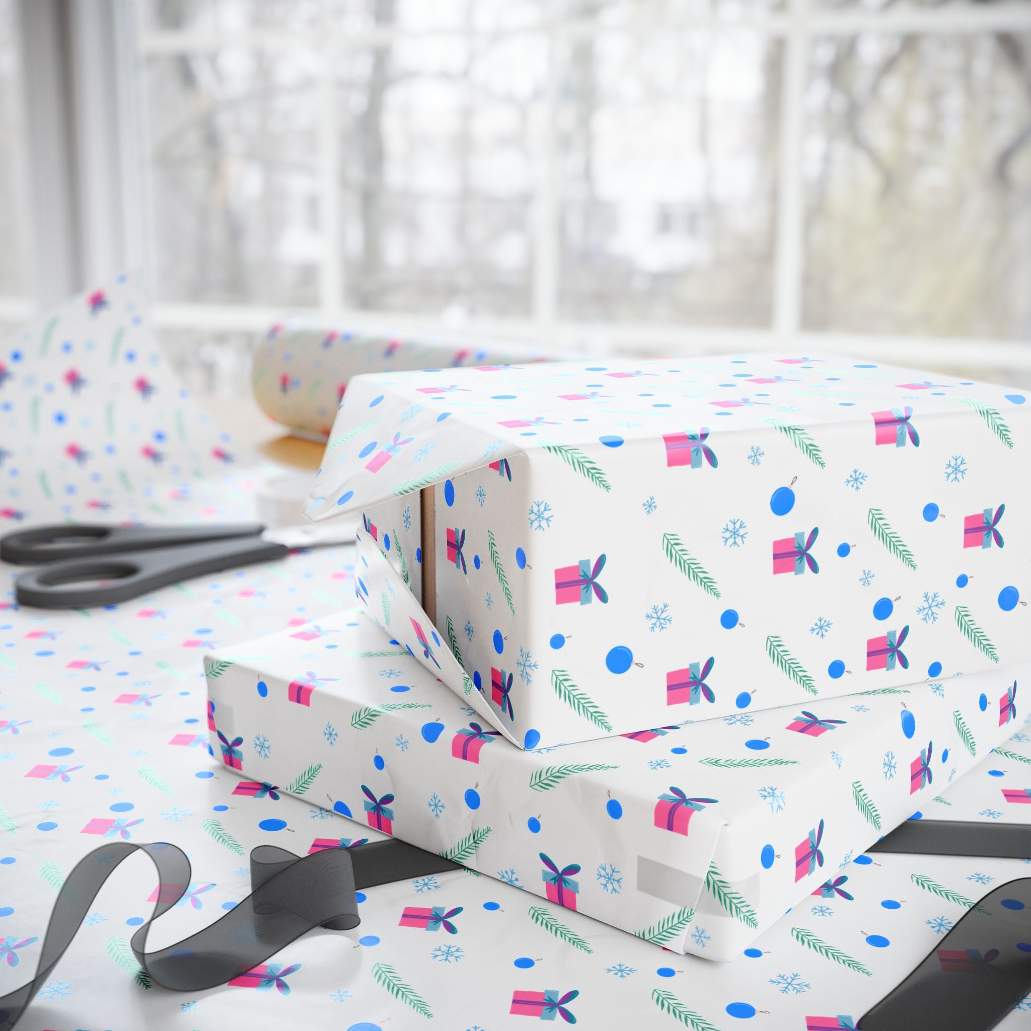 Christmas Festive Feathers & Bows Wrapping Paper | Holiday Gift Wrapping Paper Roll