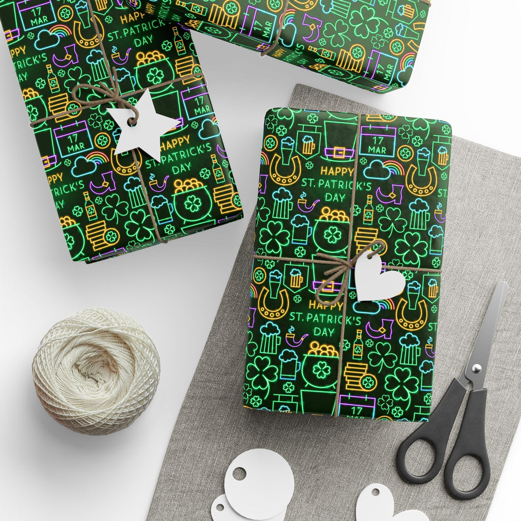 St Patrick's Day Neon Icons Wrapping Paper | Holiday Gift Wrapping Paper Roll