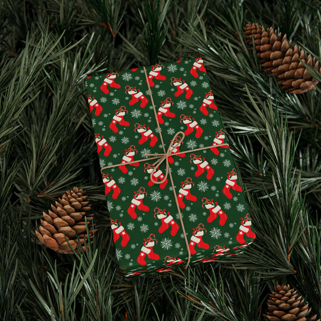 Christmas Holly Stockings Wrapping Paper | Holiday Gift Wrapping Paper Roll