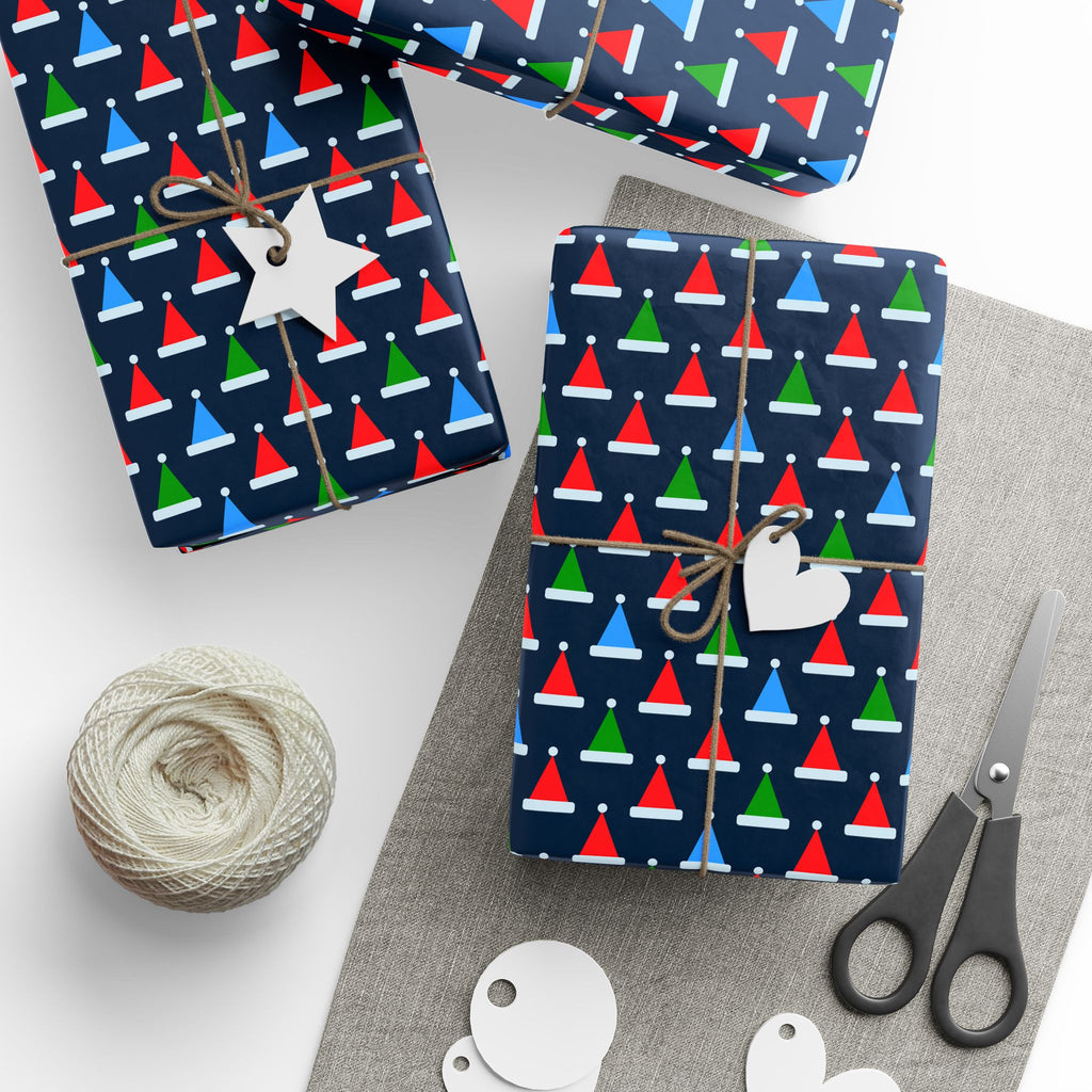 Christmas Multicolor Santa Hats Wrapping Paper | Holiday Gift Wrapping Paper Roll