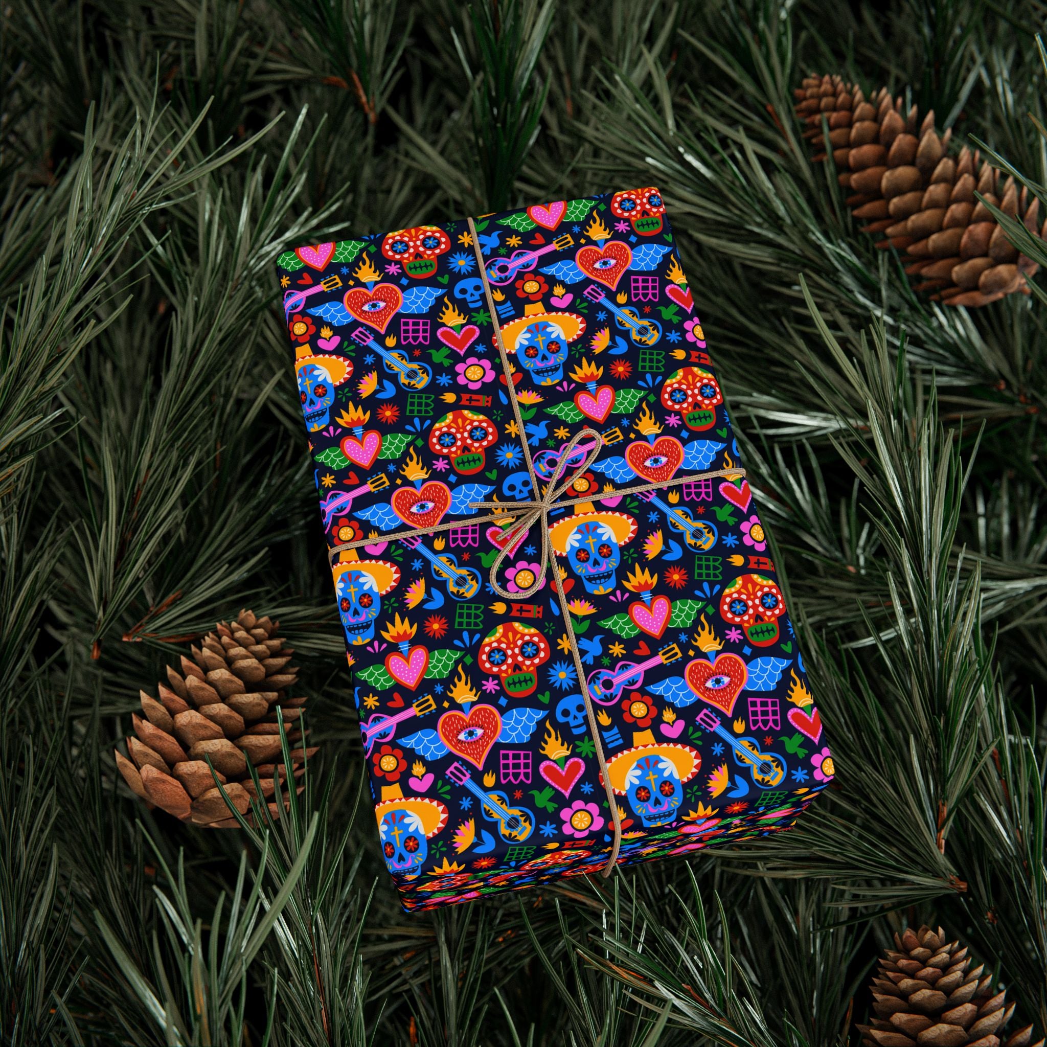 Day of the Dead Navy Sacred Heart Wrapping Paper | Holiday Gift Wrapping Paper Roll