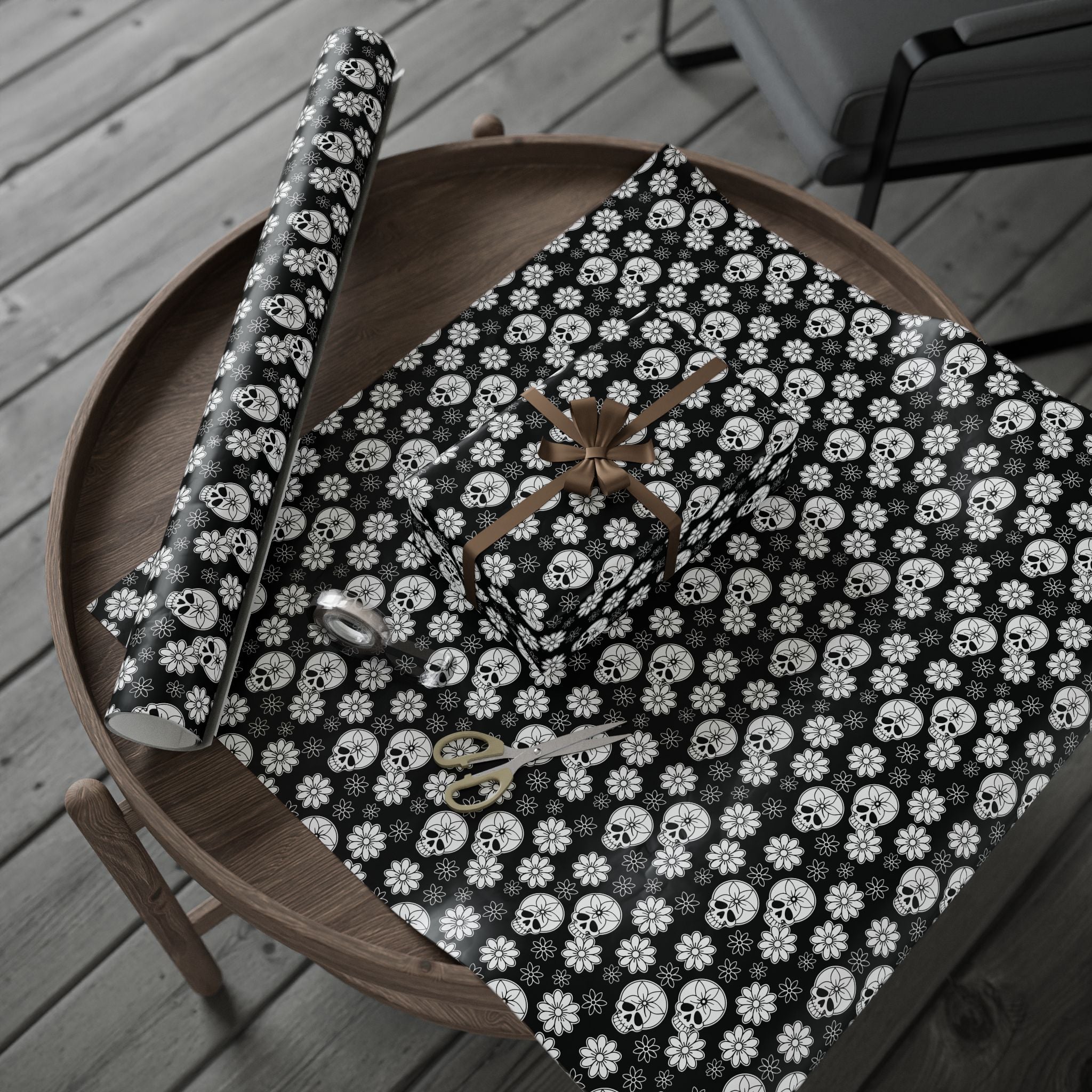 Day of the Dead Black Flower Head Wrapping Paper | Holiday Gift Wrapping Paper Roll