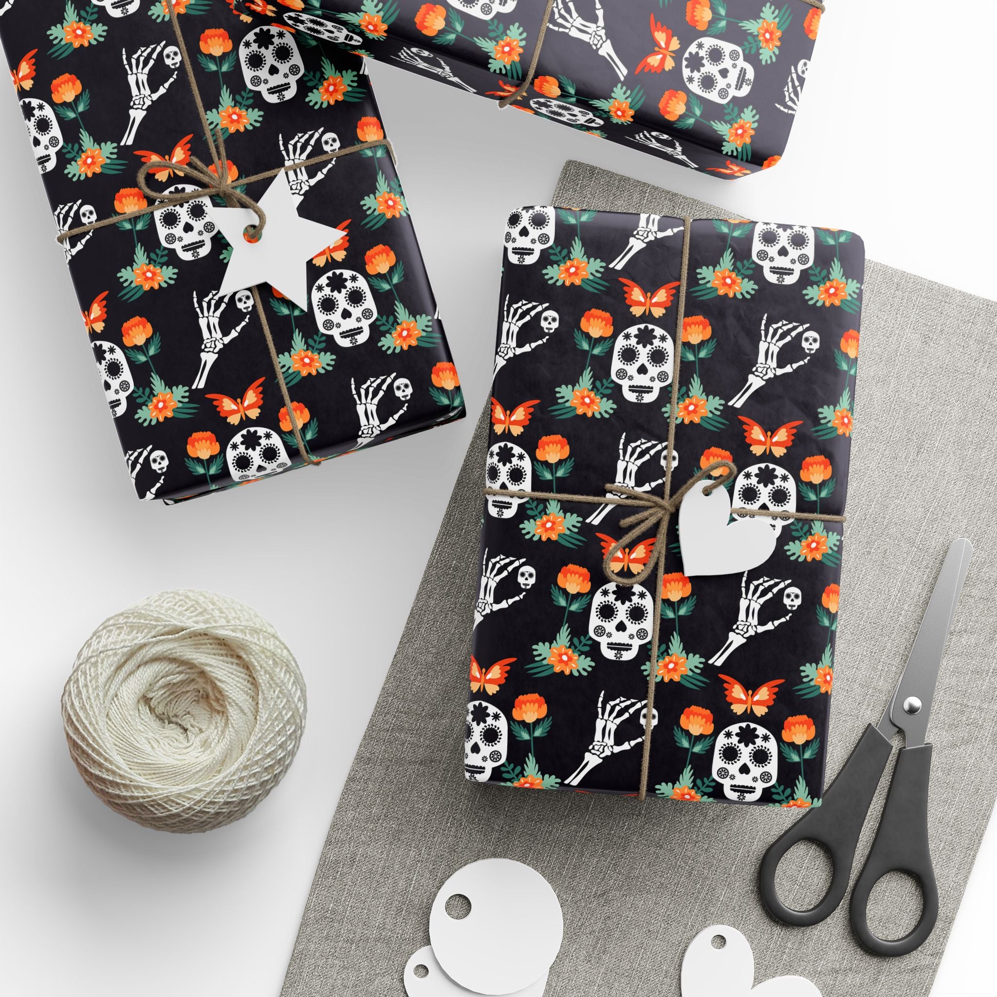 Day of the Dead Marigold Skulls Wrapping Paper | Holiday Gift Wrapping Paper Roll