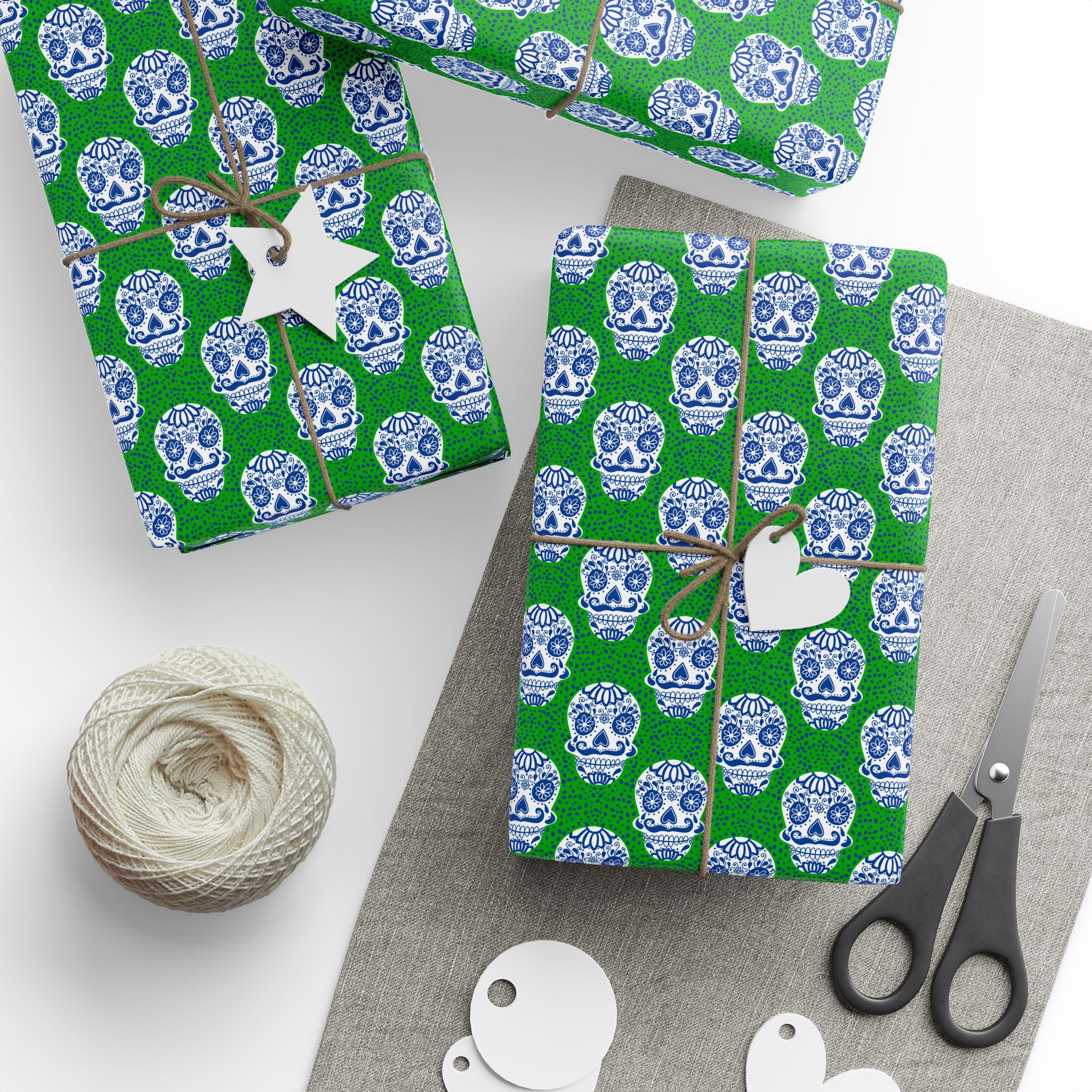 Day of the Dead Sugar Skulls on Green Wrapping Paper | Holiday Gift Wrapping Paper Roll