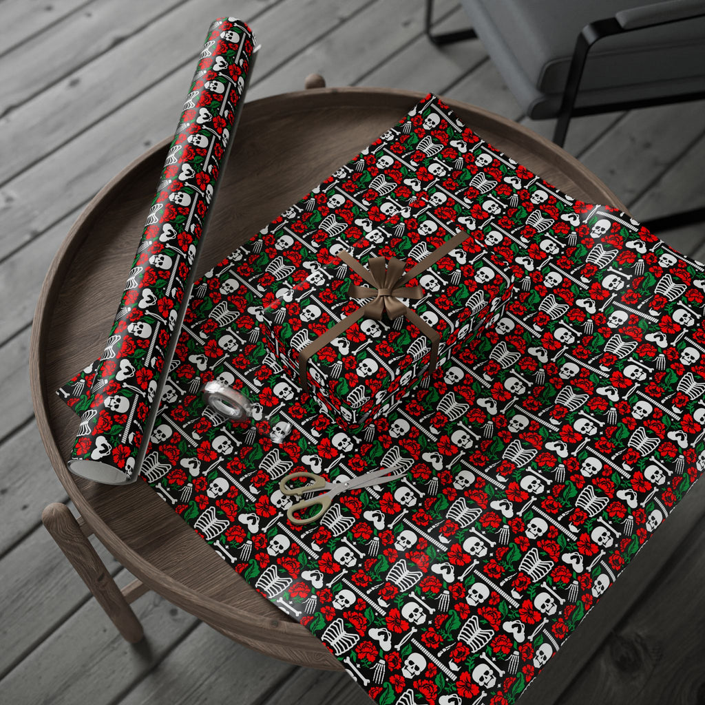 Day of the Dead Bones & Roses Wrapping Paper | Holiday Gift Wrapping Paper Roll