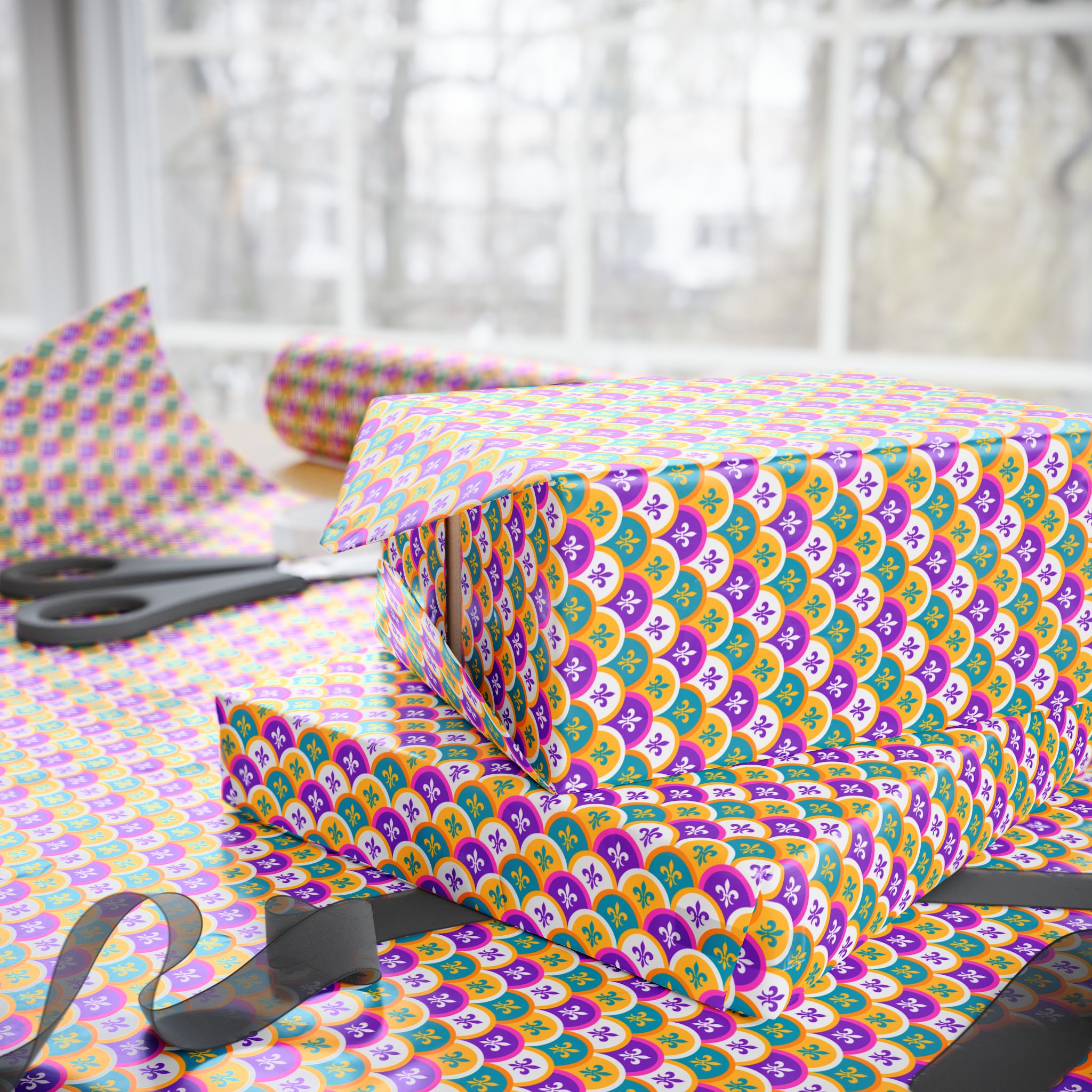 Mardis Gras Fish Scale on White Wrapping Paper | Holiday Gift Wrapping Paper Roll
