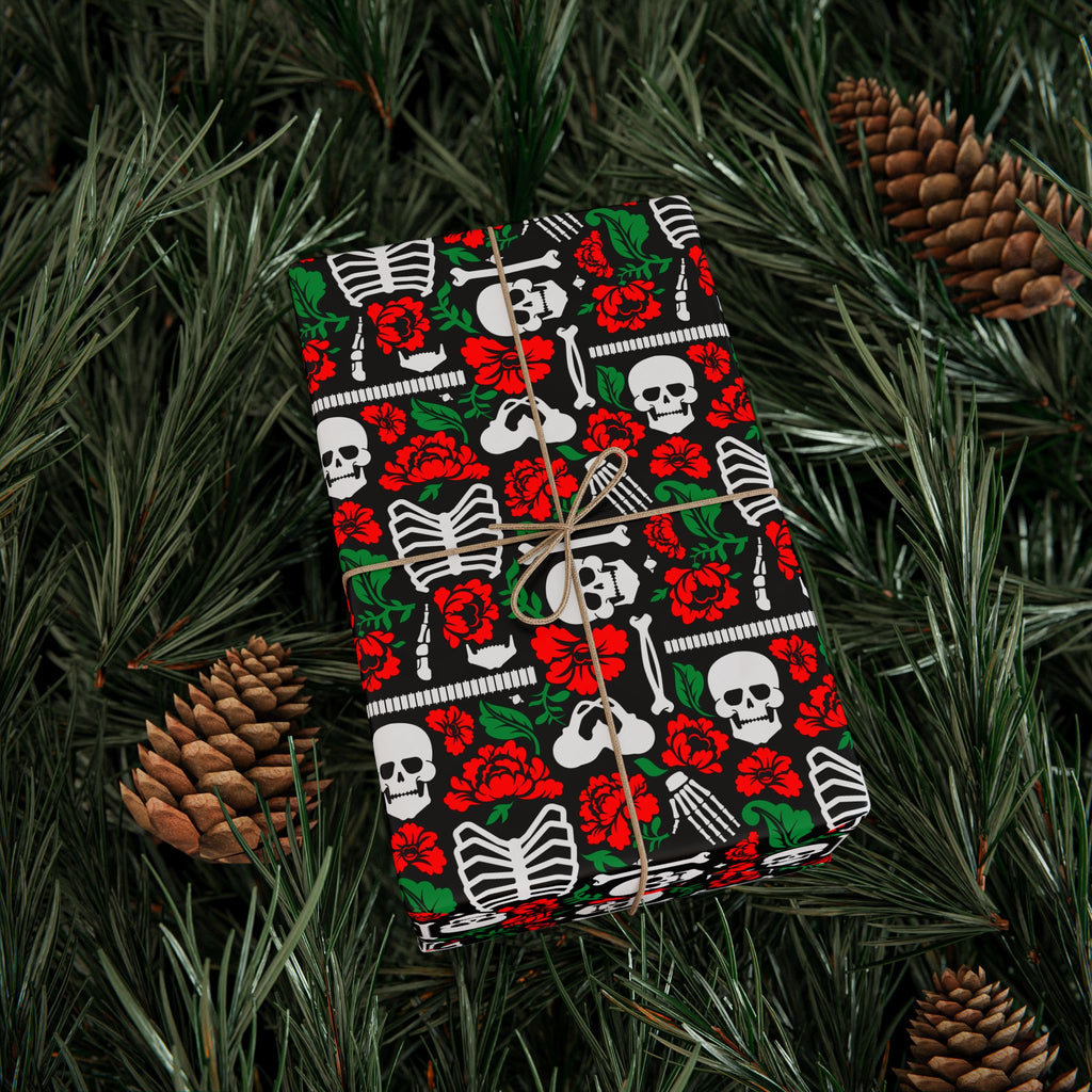 Day of the Dead Bones & Roses Wrapping Paper | Holiday Gift Wrapping Paper Roll