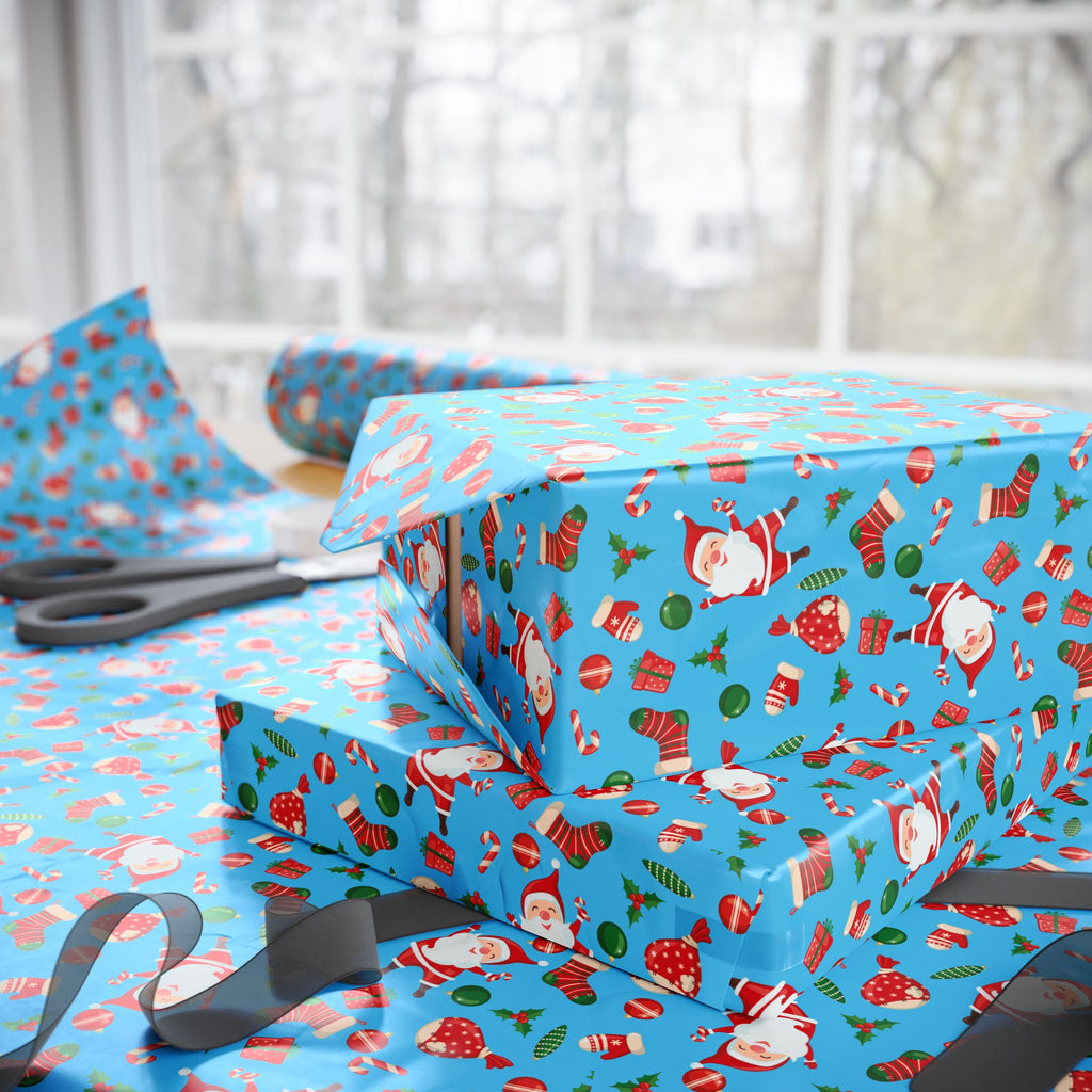 Christmas Santa's Stockings Sky Blue Wrapping Paper | Holiday Gift Wrapping Paper Roll