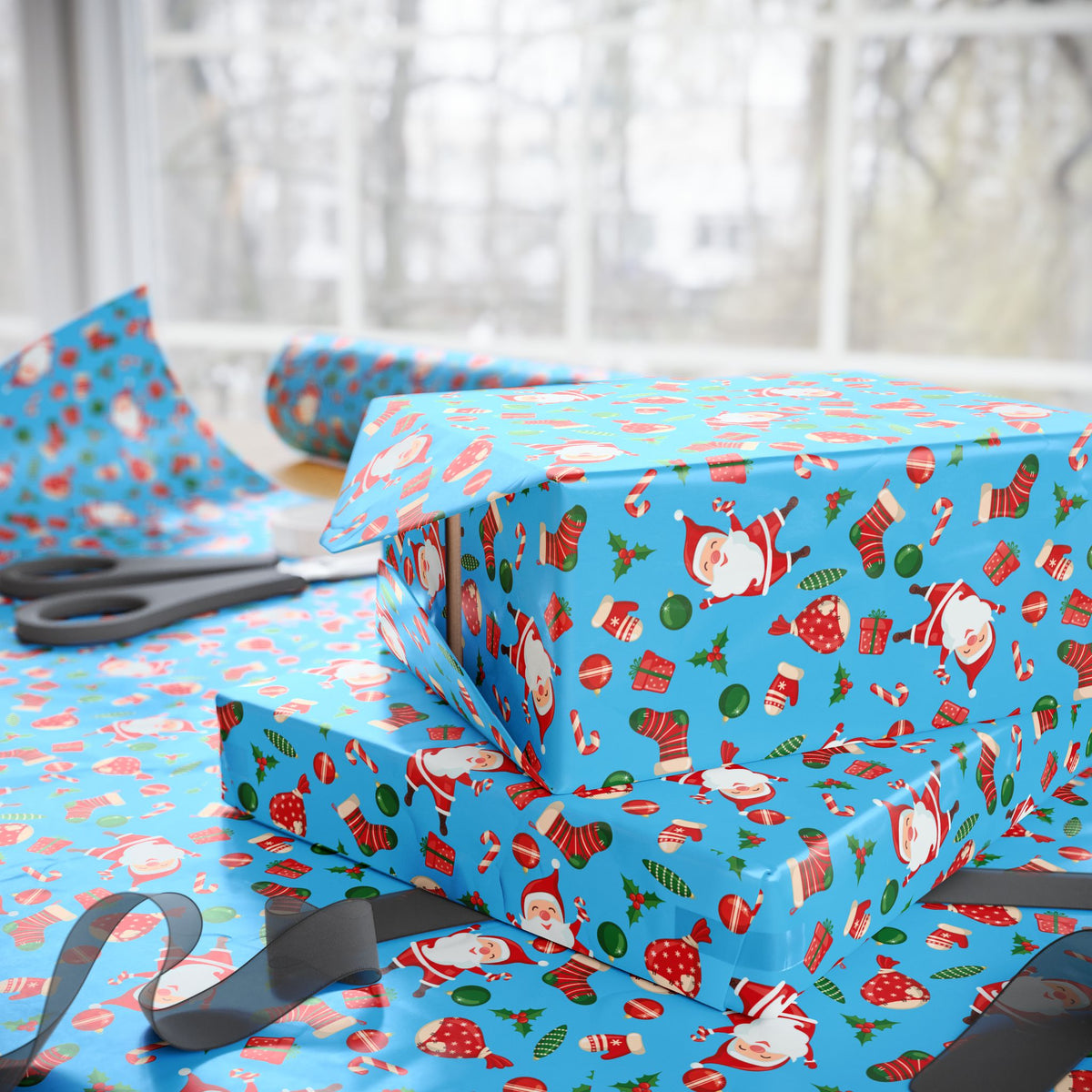 Christmas Santa's Stockings Sky Blue Wrapping Paper | Holiday Gift Wrapping Paper Roll