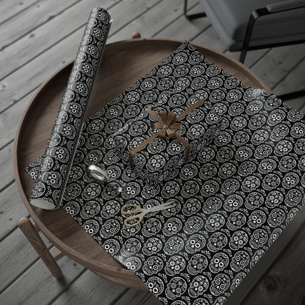 Day of the Dead Black & White Sugar Skulls Wrapping Paper | Holiday Gift Wrapping Paper Roll
