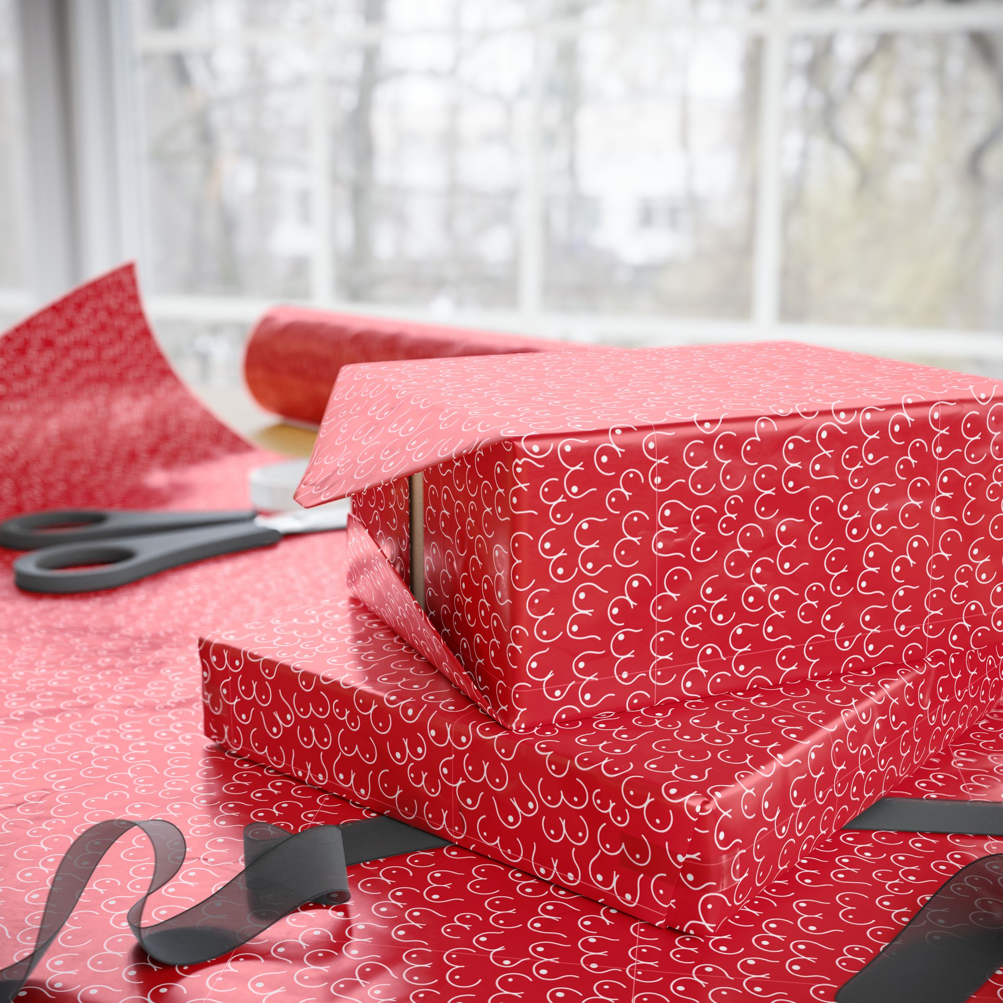 NSFW Snuggle Pups on Red Wrapping Paper - Holiday Gift Wrapping Paper Roll