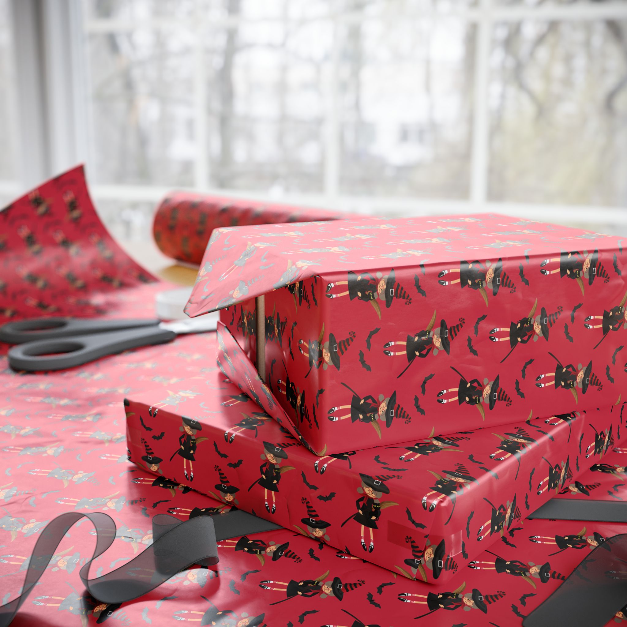 Halloween Red Hat Witches Wrapping Paper | Holiday Gift Wrapping Paper Roll