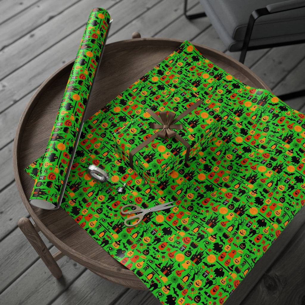 Halloween Black Cat Collage on Neon Green Wrapping Paper | Holiday Gift Wrapping Paper Roll
