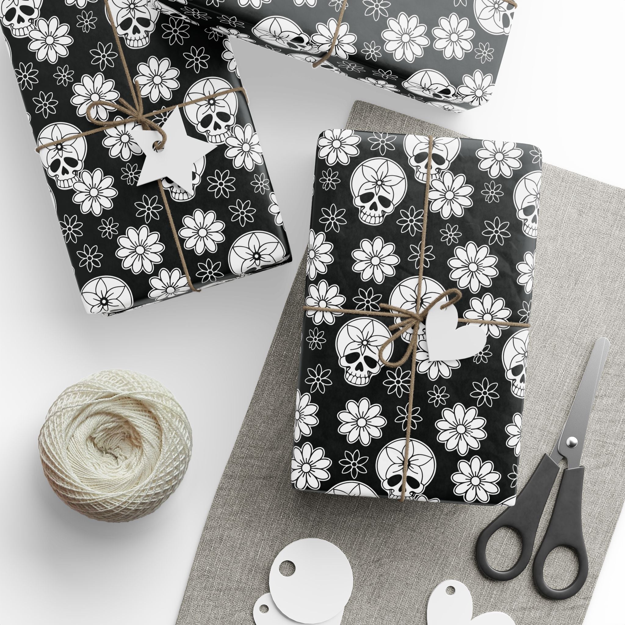 Day of the Dead Black Flower Head Wrapping Paper | Holiday Gift Wrapping Paper Roll