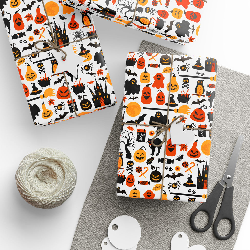 Halloween Black Cat Collage on White Wrapping Paper | Holiday Gift Wrapping Paper Roll