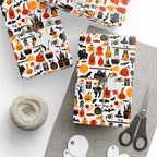 Halloween Black Cat Collage on White Wrapping Paper | Holiday Gift Wrapping Paper Roll