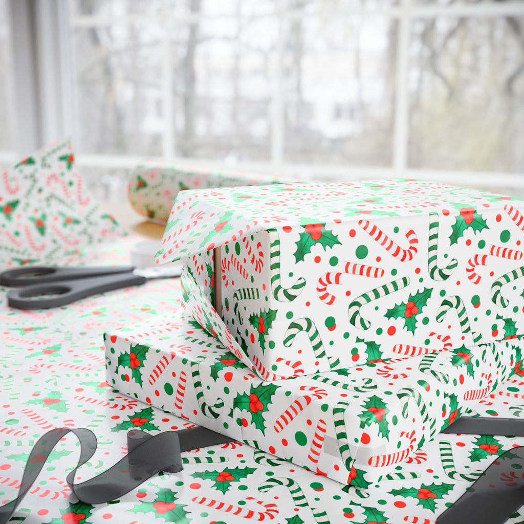 Christmas Candy Cane Holly Wrapping Paper | Holiday Gift Wrapping Paper Roll