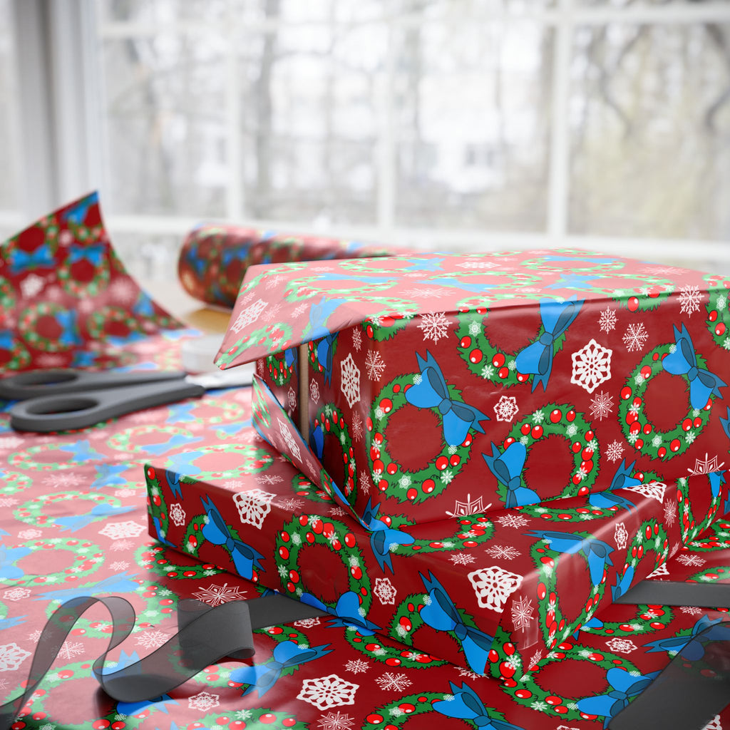 Christmas Snowy Wreaths Wrapping Paper | Holiday Gift Wrapping Paper Roll