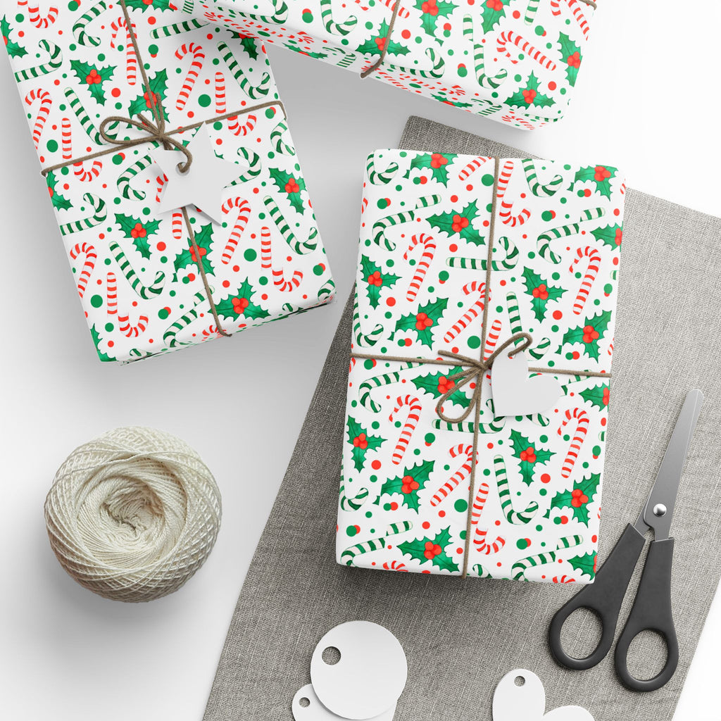 Christmas Candy Cane Holly Wrapping Paper | Holiday Gift Wrapping Paper Roll