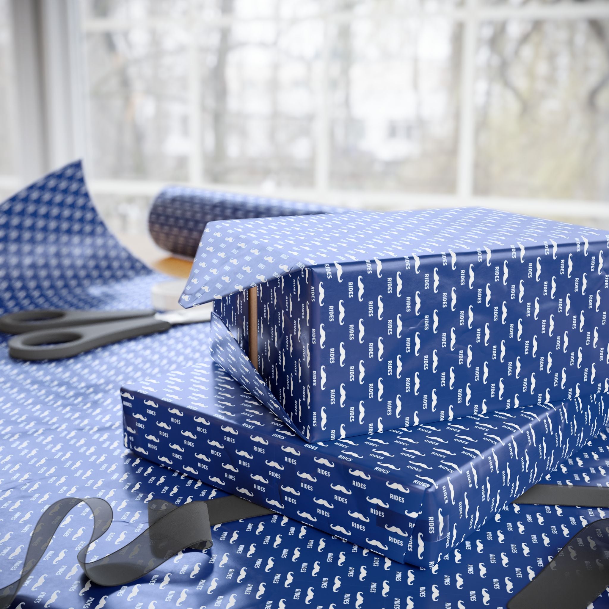 NSFW Free Mustache Rides on Blue Wrapping Paper - Holiday Gift Wrapping Paper Roll