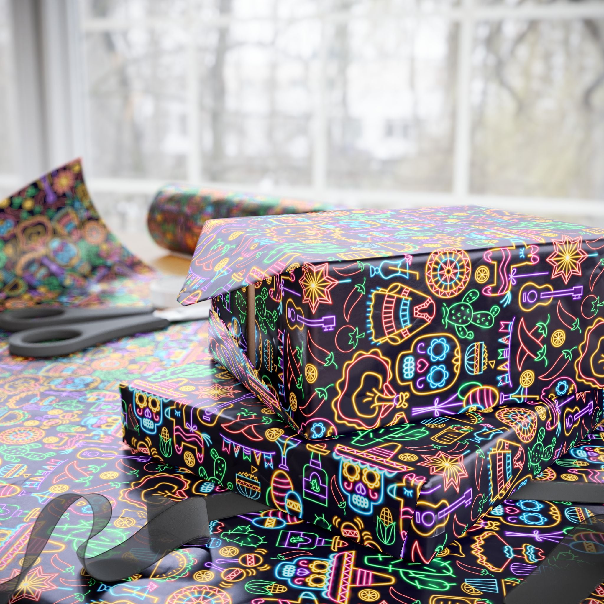 Day of the Dead Neon Icons Wrapping Paper | Holiday Gift Wrapping Paper Roll