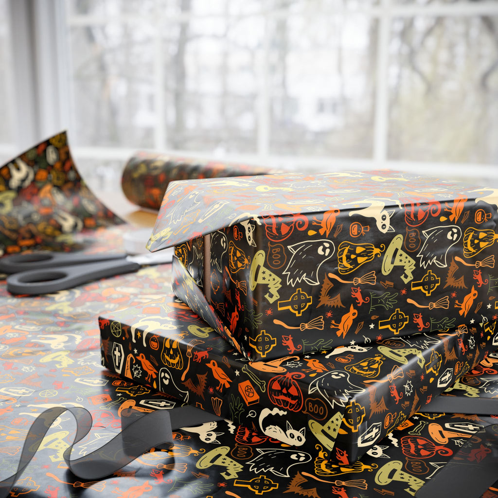 Halloween Iconic Outlines Wrapping Paper | Holiday Gift Wrapping Paper Roll