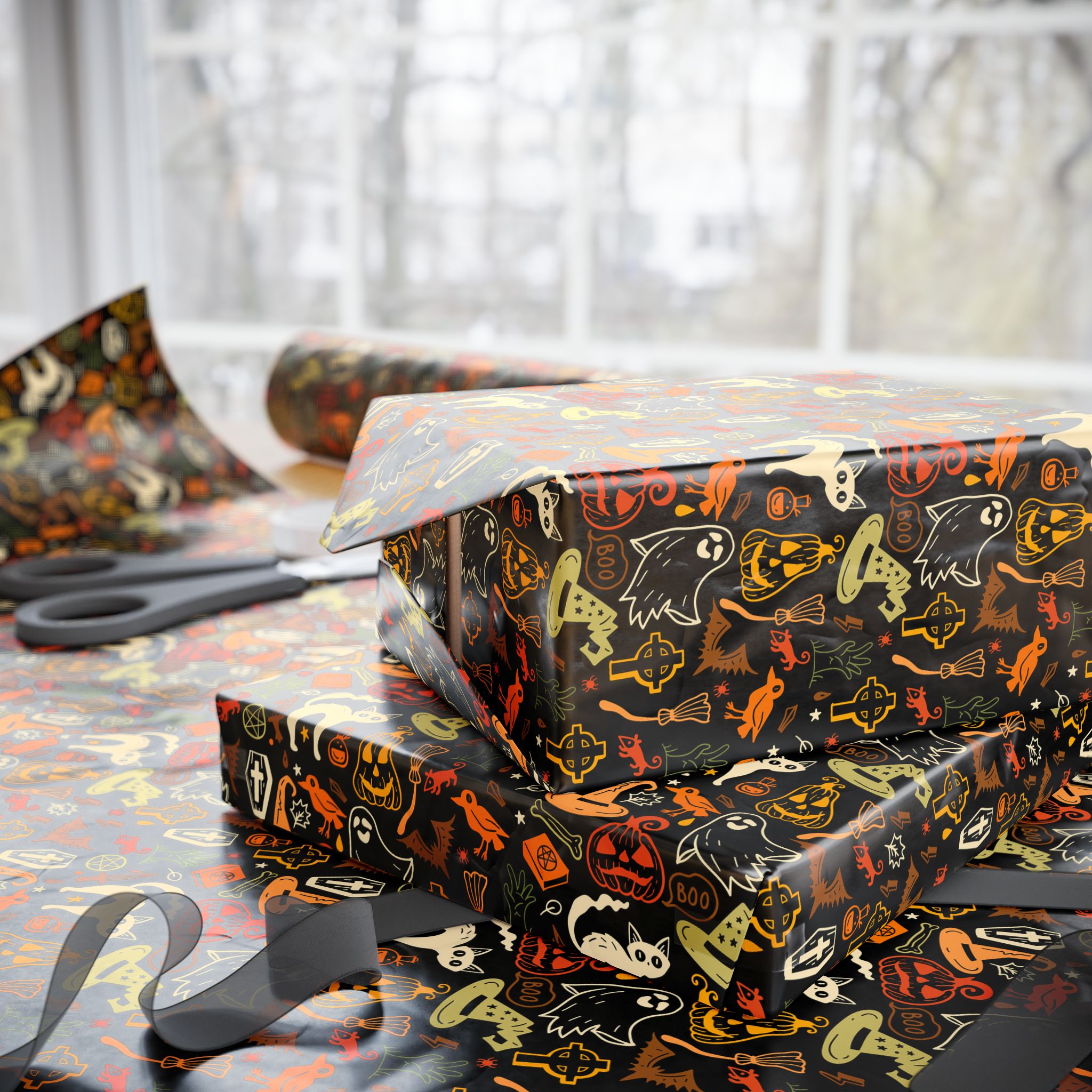 Halloween Iconic Outlines Wrapping Paper | Holiday Gift Wrapping Paper Roll