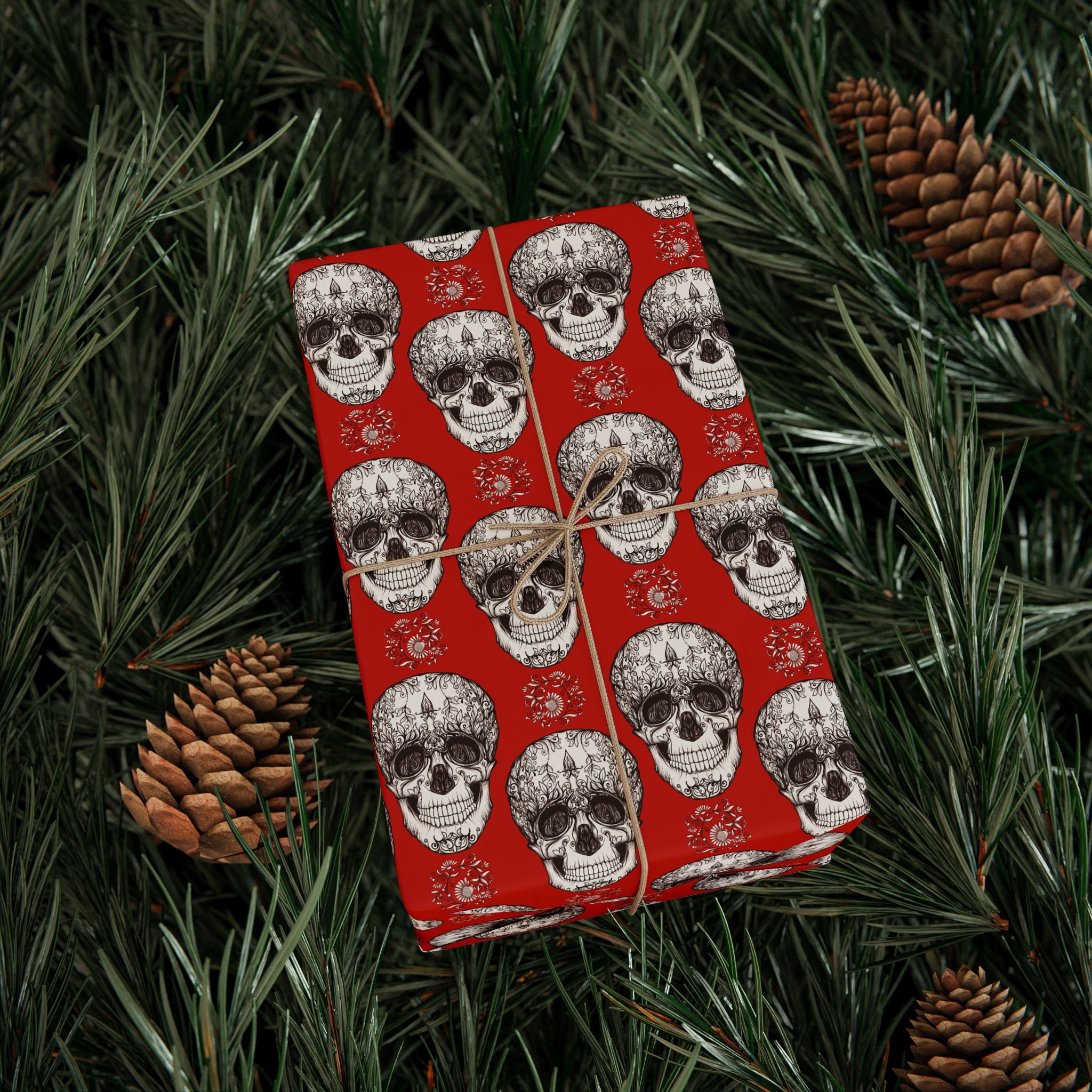Day of the Dead Red Floral Sugar Skulls Wrapping Paper | Holiday Gift Wrapping Paper Roll