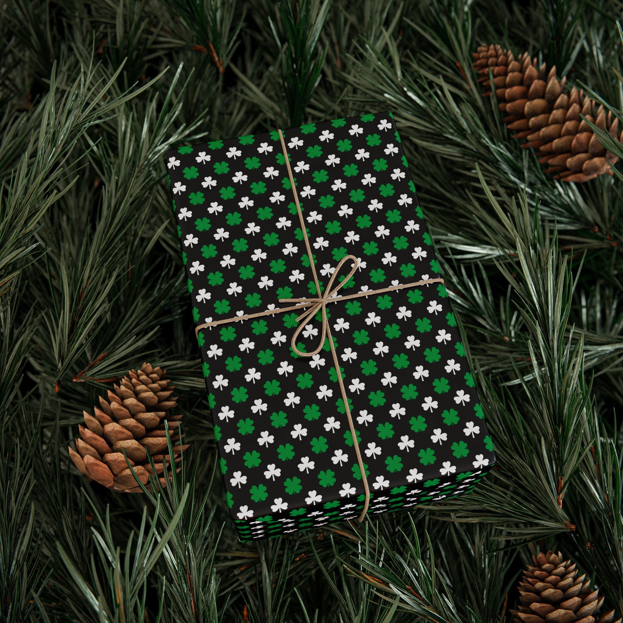 St Patrick's Day Clover on Black Wrapping Paper | Holiday Gift Wrapping Paper Roll