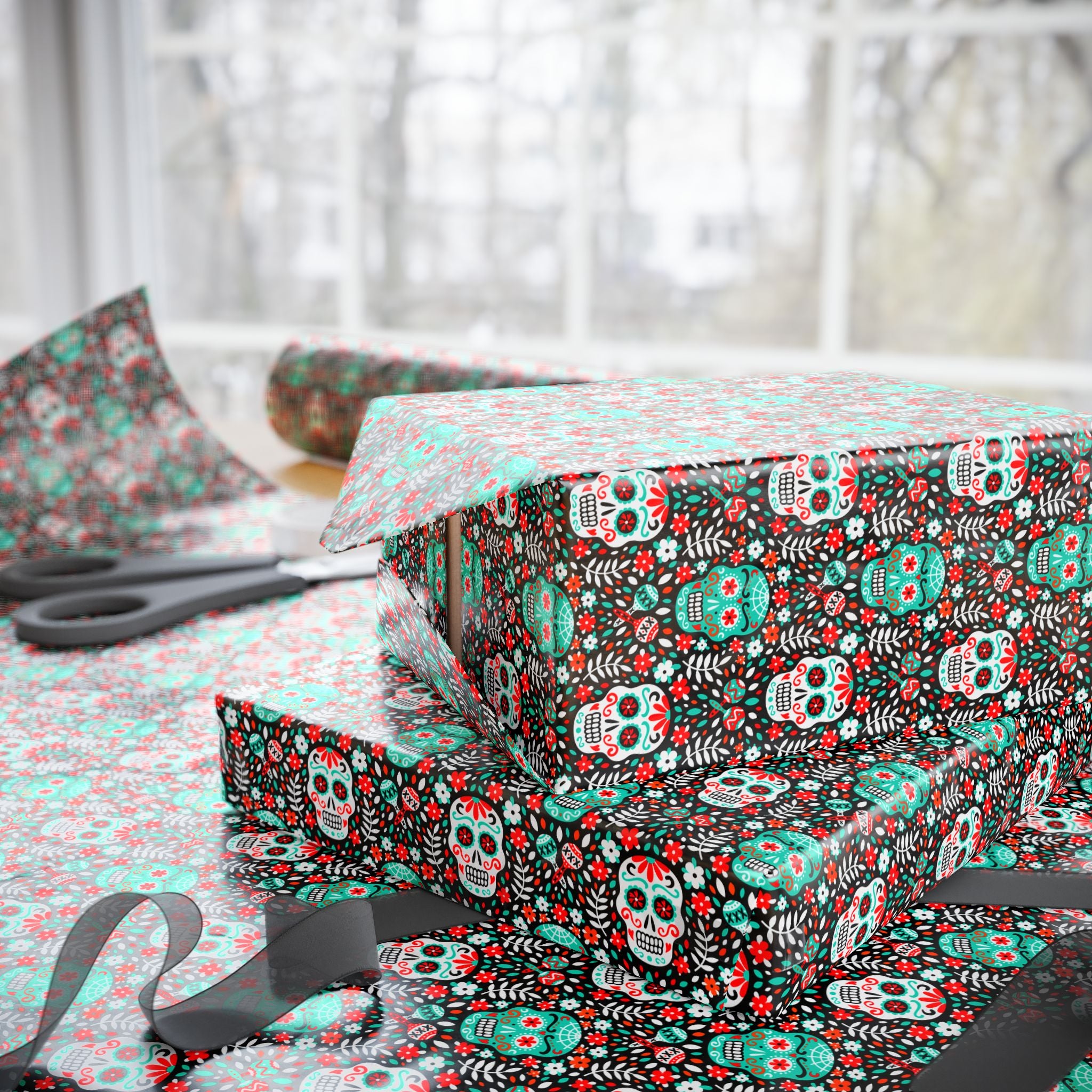 Day of the Dead Shaker Skulls Wrapping Paper | Holiday Gift Wrapping Paper Roll