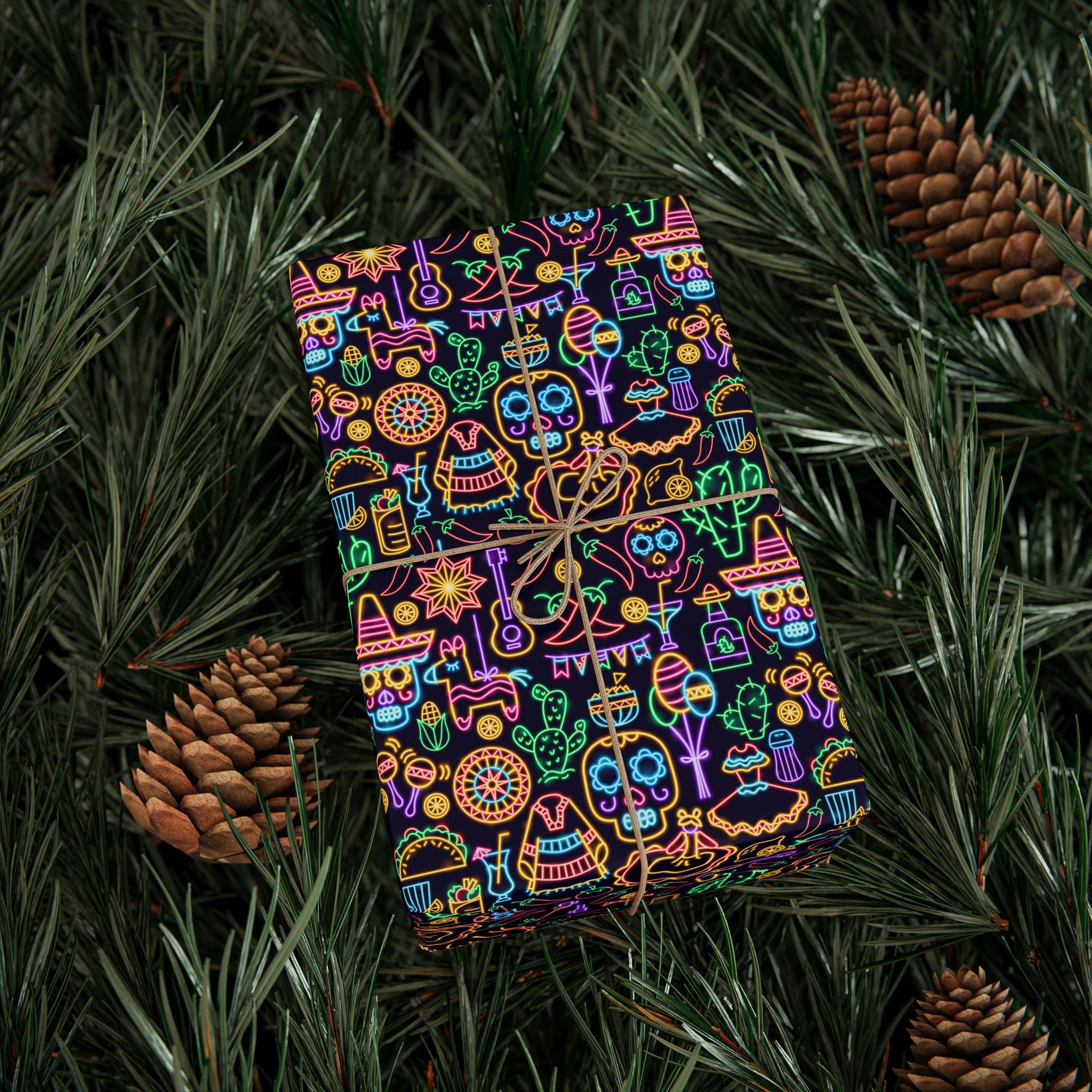 Day of the Dead Neon Icons Wrapping Paper | Holiday Gift Wrapping Paper Roll