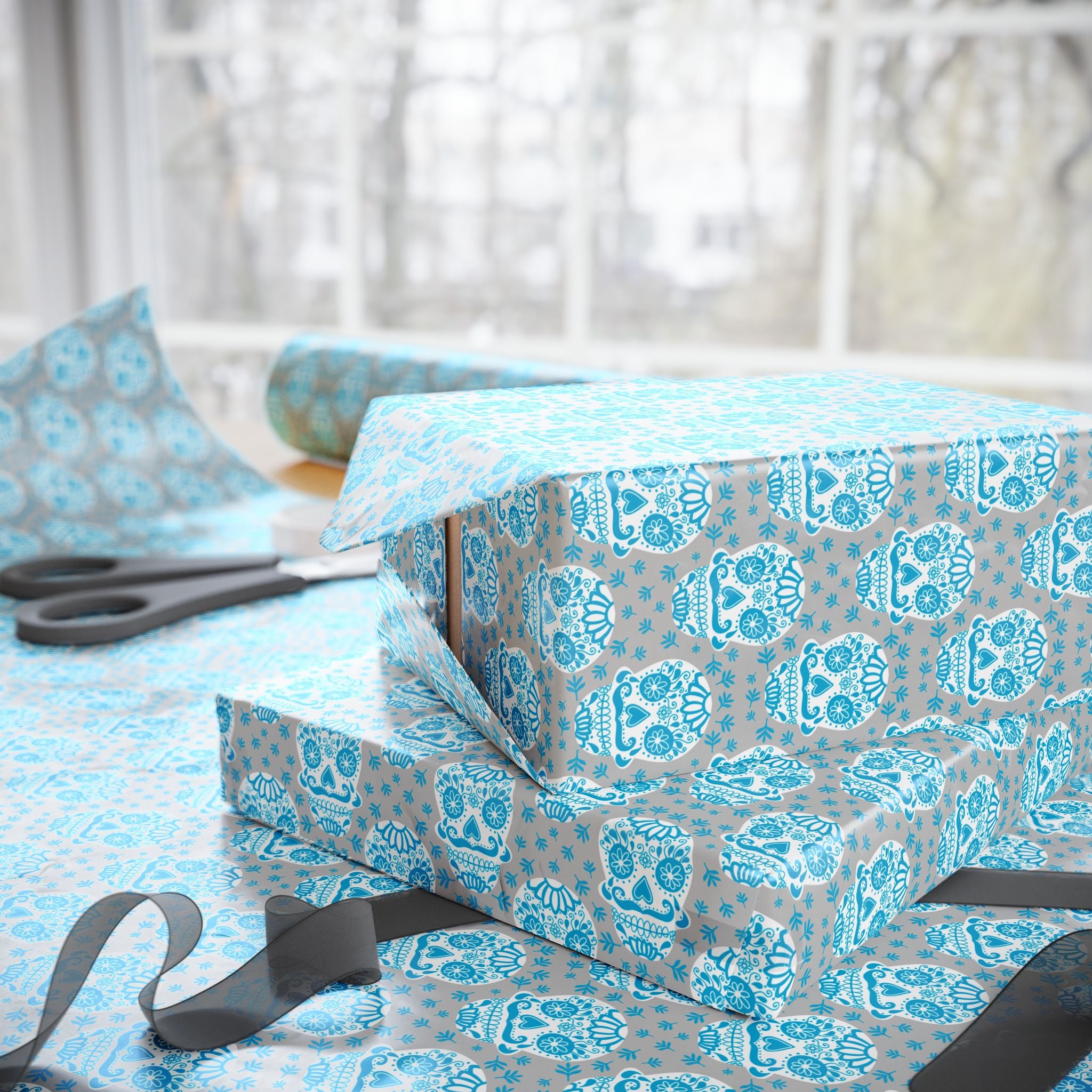 Day of the Dead Sugar Skulls on Grey Wrapping Paper | Holiday Gift Wrapping Paper Roll
