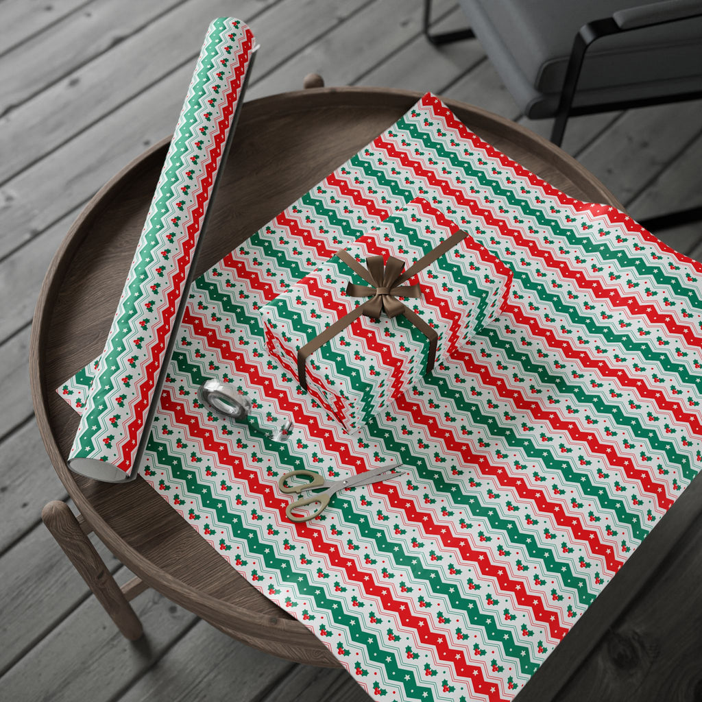 Christmas Boughs of Holly Chevron Wrapping Papers | Holiday Gift Wrapping Paper Roll