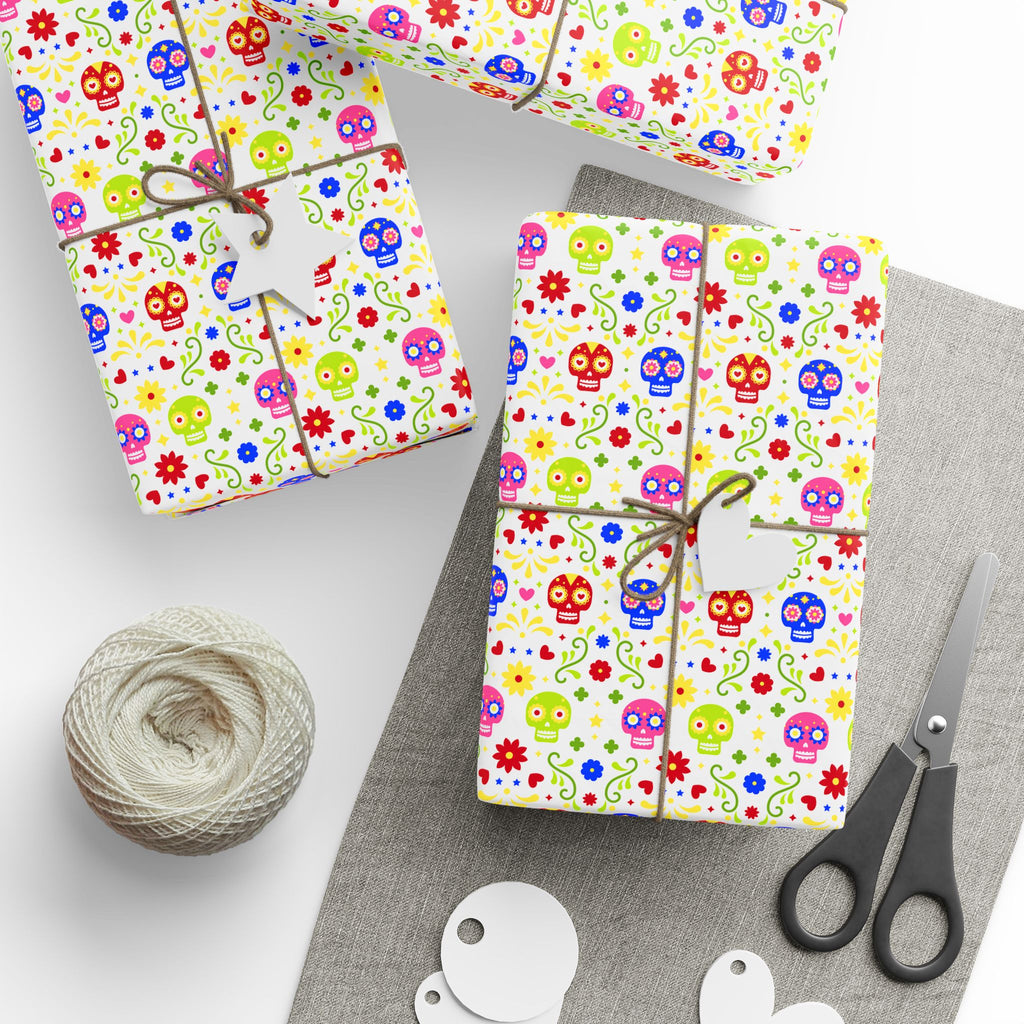 Day of the Dead Multicolor Skulls Wrapping Paper | Holiday Gift Wrapping Paper Roll