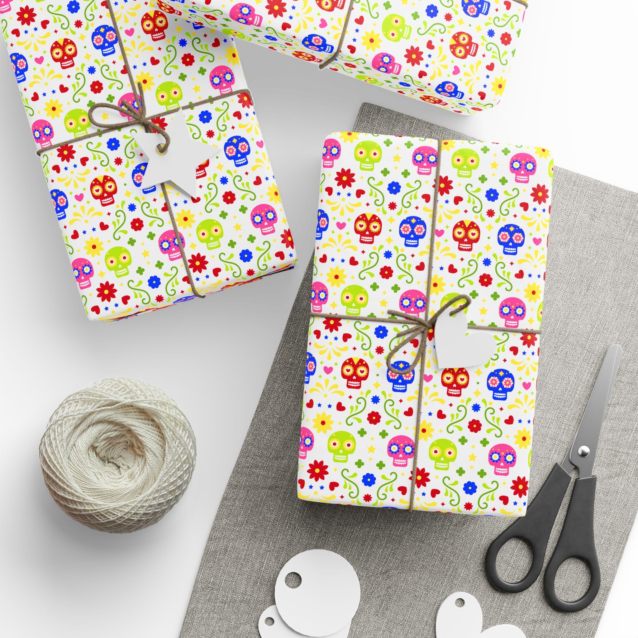 Day of the Dead Multicolor Skulls Wrapping Paper | Holiday Gift Wrapping Paper Roll