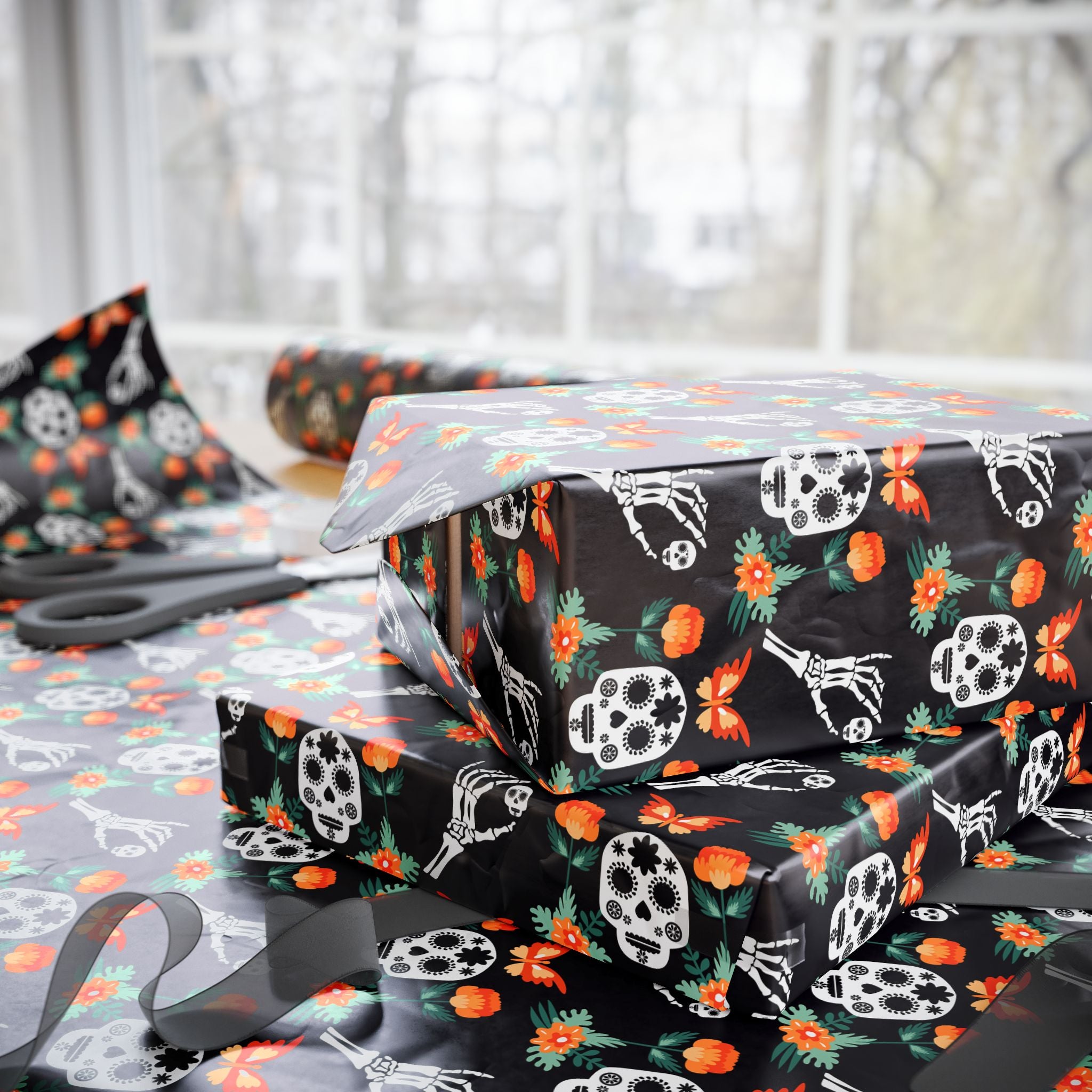 Day of the Dead Marigold Skulls Wrapping Paper | Holiday Gift Wrapping Paper Roll