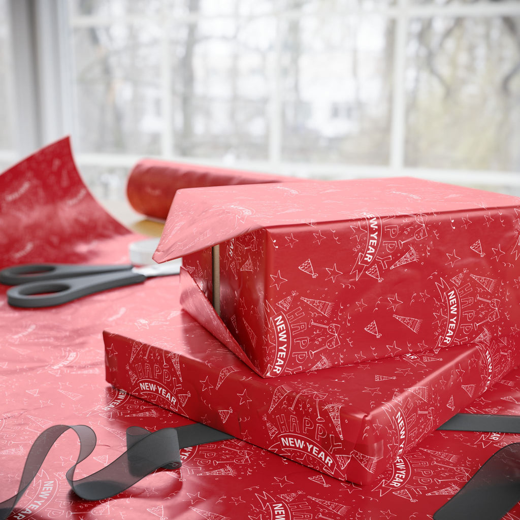 New Year's Hand Drawn Doodles on Red Wrapping Paper - Holiday Gift Wrapping Paper Roll