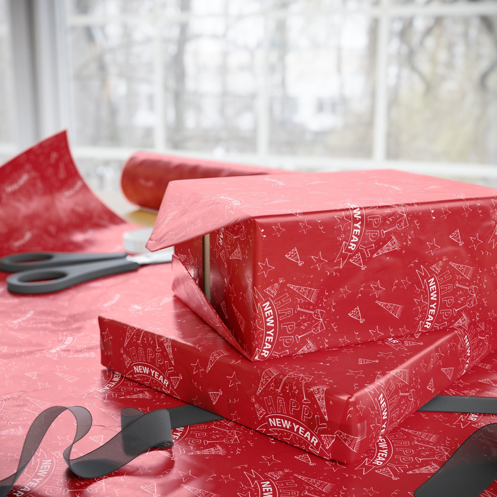 New Year's Hand Drawn Doodles on Red Wrapping Paper - Holiday Gift Wrapping Paper Roll