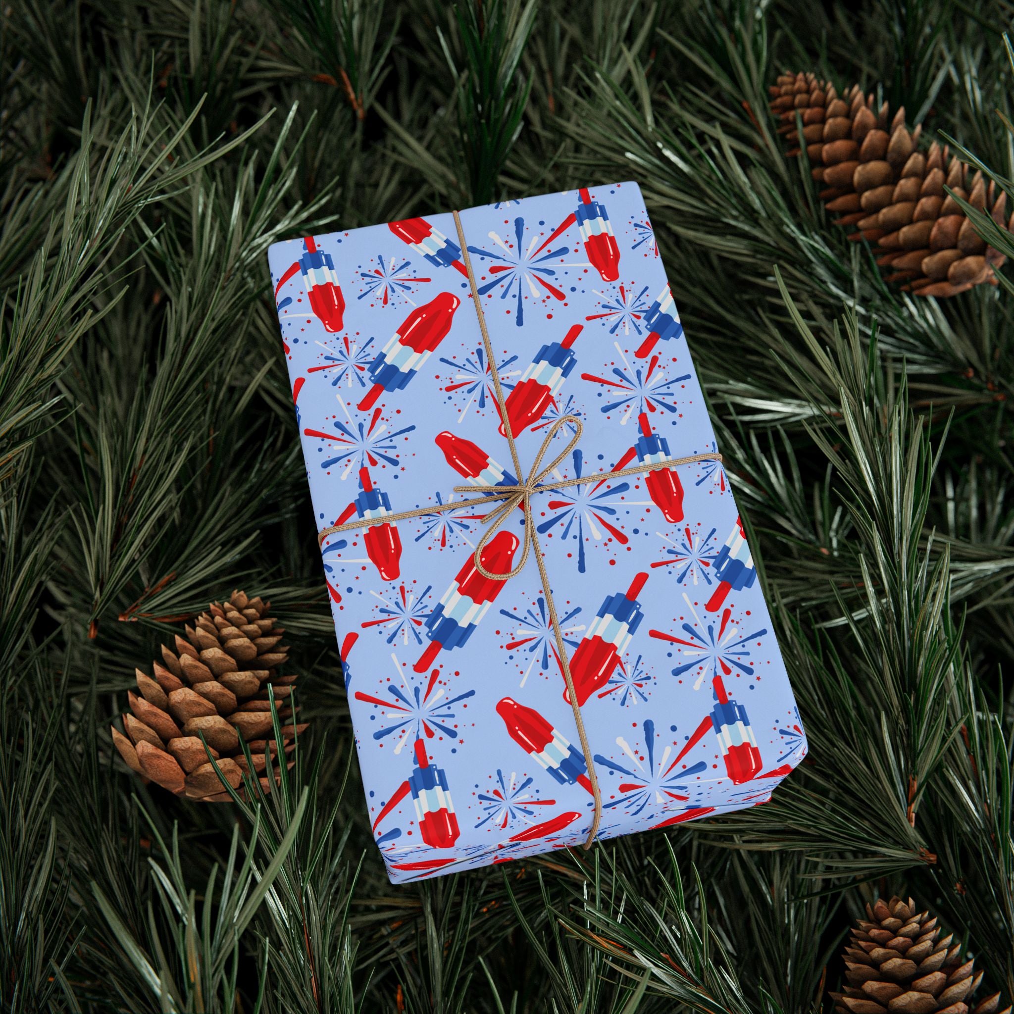 4th of July Rocket Pop on Blue Wrapping Paper | Holiday Gift Wrapping Paper Roll
