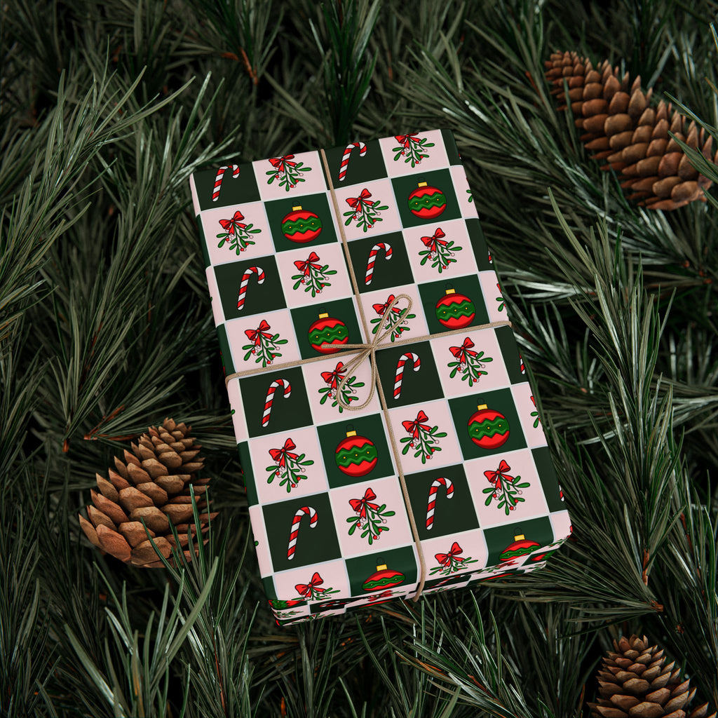 Christmas Checkerboard Mistletoe Wrapping Paper | Holiday Gift Wrapping Paper Roll