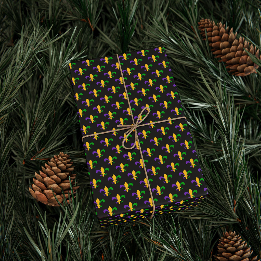 Mardis Gras Fleur De Lis on Black Wrapping Paper | Holiday Gift Wrapping Paper Roll