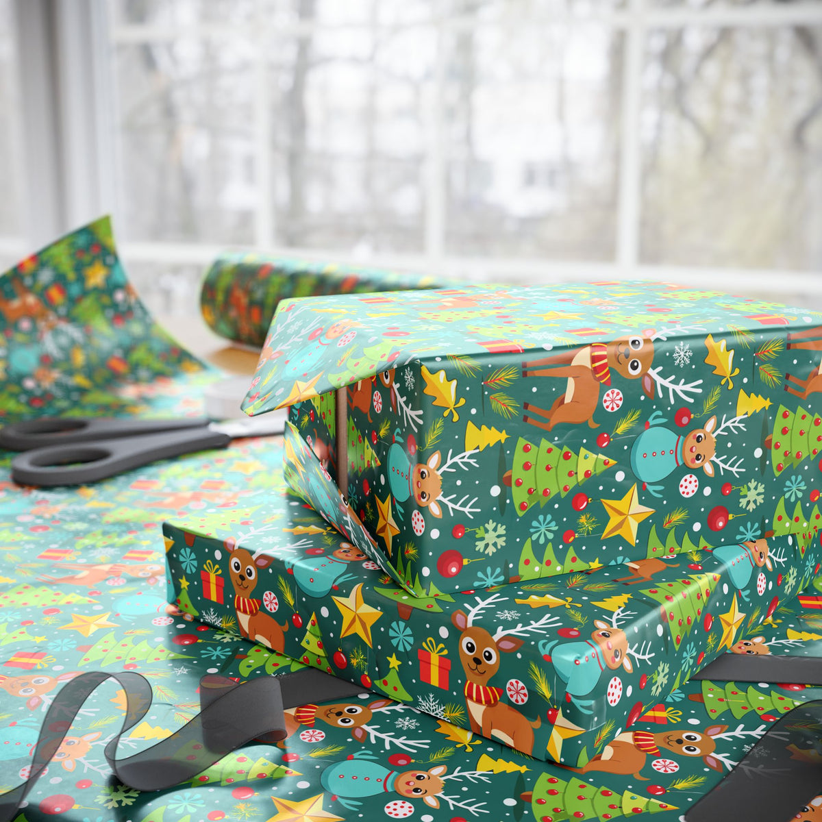Christmas Cartoon Reindeer Wrapping Paper | Holiday Gift Wrapping Paper Roll