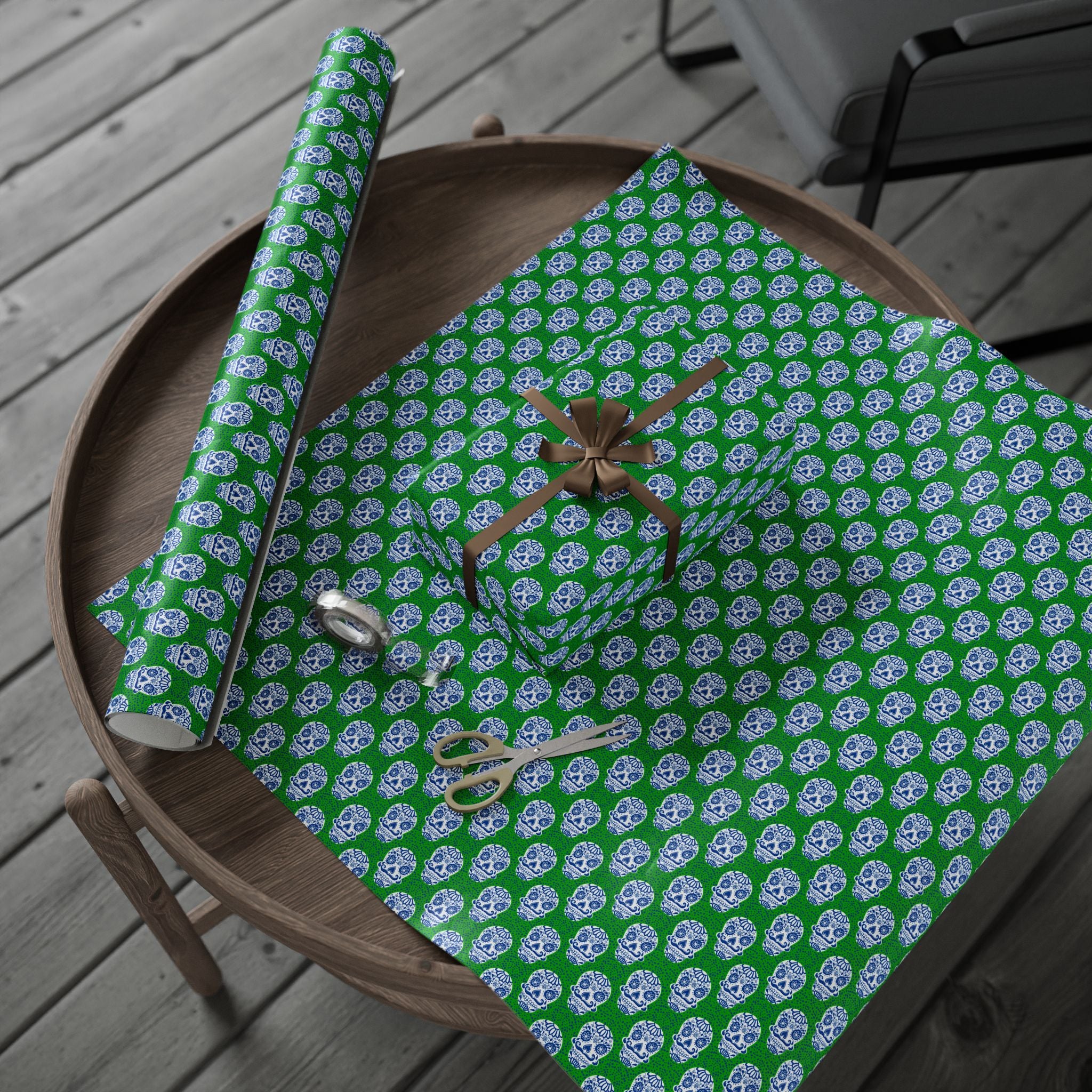Day of the Dead Sugar Skulls on Green Wrapping Paper | Holiday Gift Wrapping Paper Roll